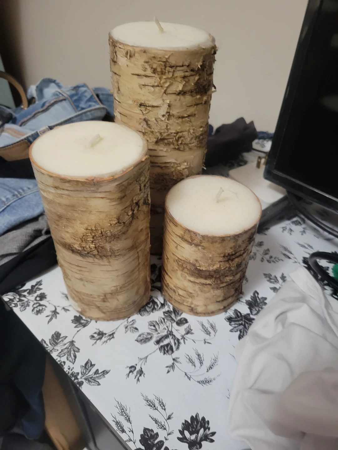Set of 3 Birch Bark Pillar Candles