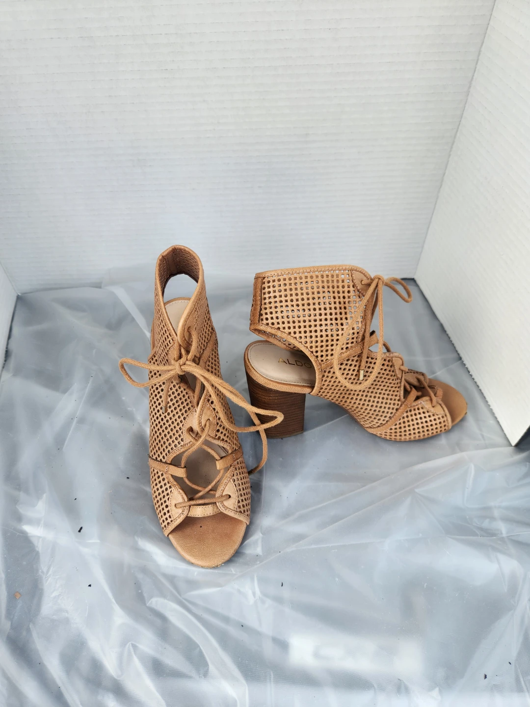 ALDO Women's Tan Lace-Up Peep-Toe Heels