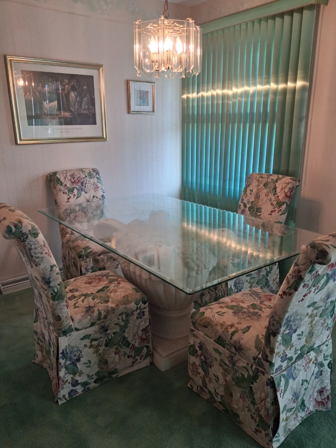 Glass Dining Table with Floral Chairs