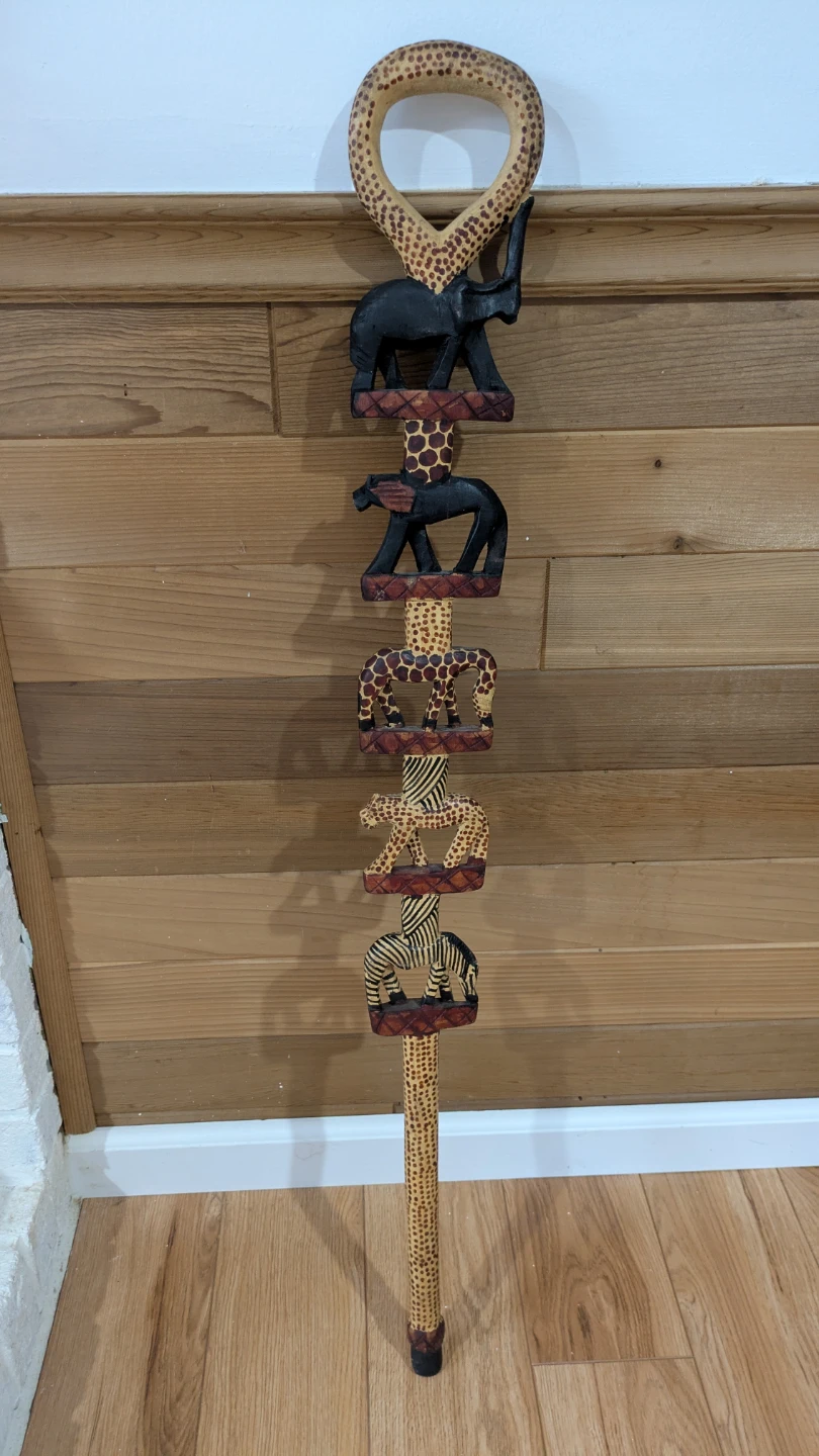 Carved Wooden Walking Stick with African Animals