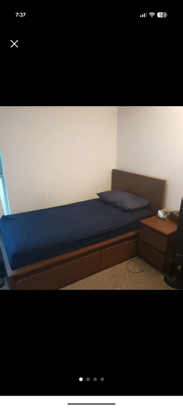 IKEA bed frame with 2 storage, dark brown, Twin + side table