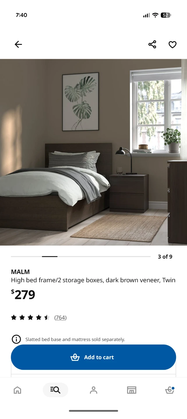 IKEA bed frame with 2 storage, dark brown, Twin + side table - photo 5