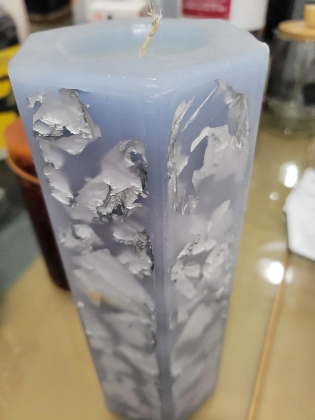 Tall Hexagonal Candle with Silver Inclusions