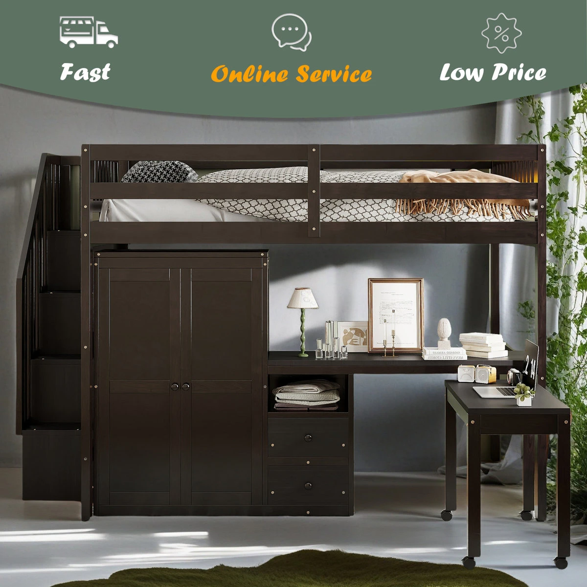 Dark Brown Loft Bed with Desk, Wardrobe, and Stairs