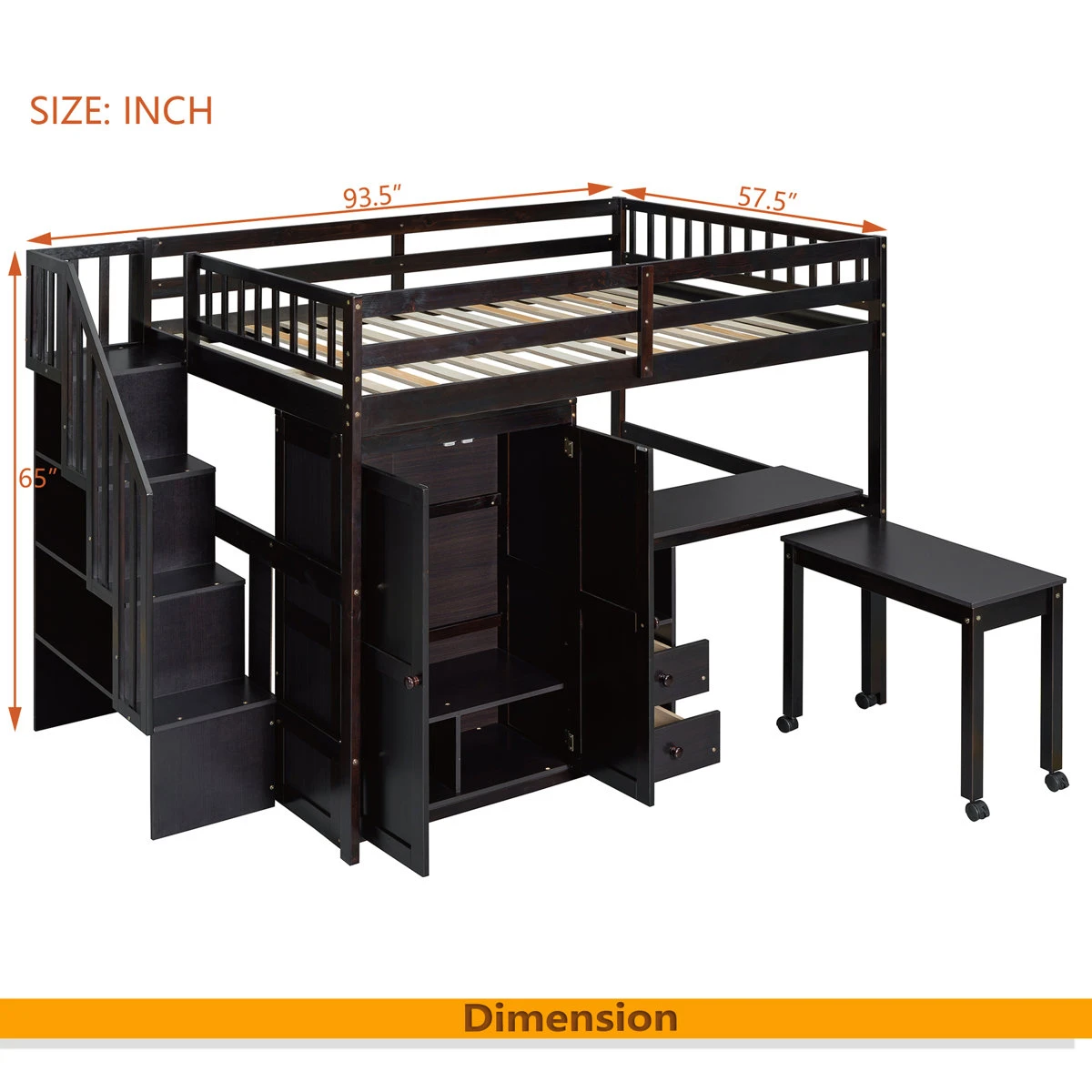 Dark Brown Loft Bed with Desk, Wardrobe, and Stairs - photo 2