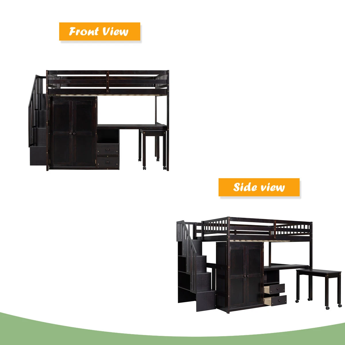 Dark Brown Loft Bed with Desk, Wardrobe, and Stairs - photo 3