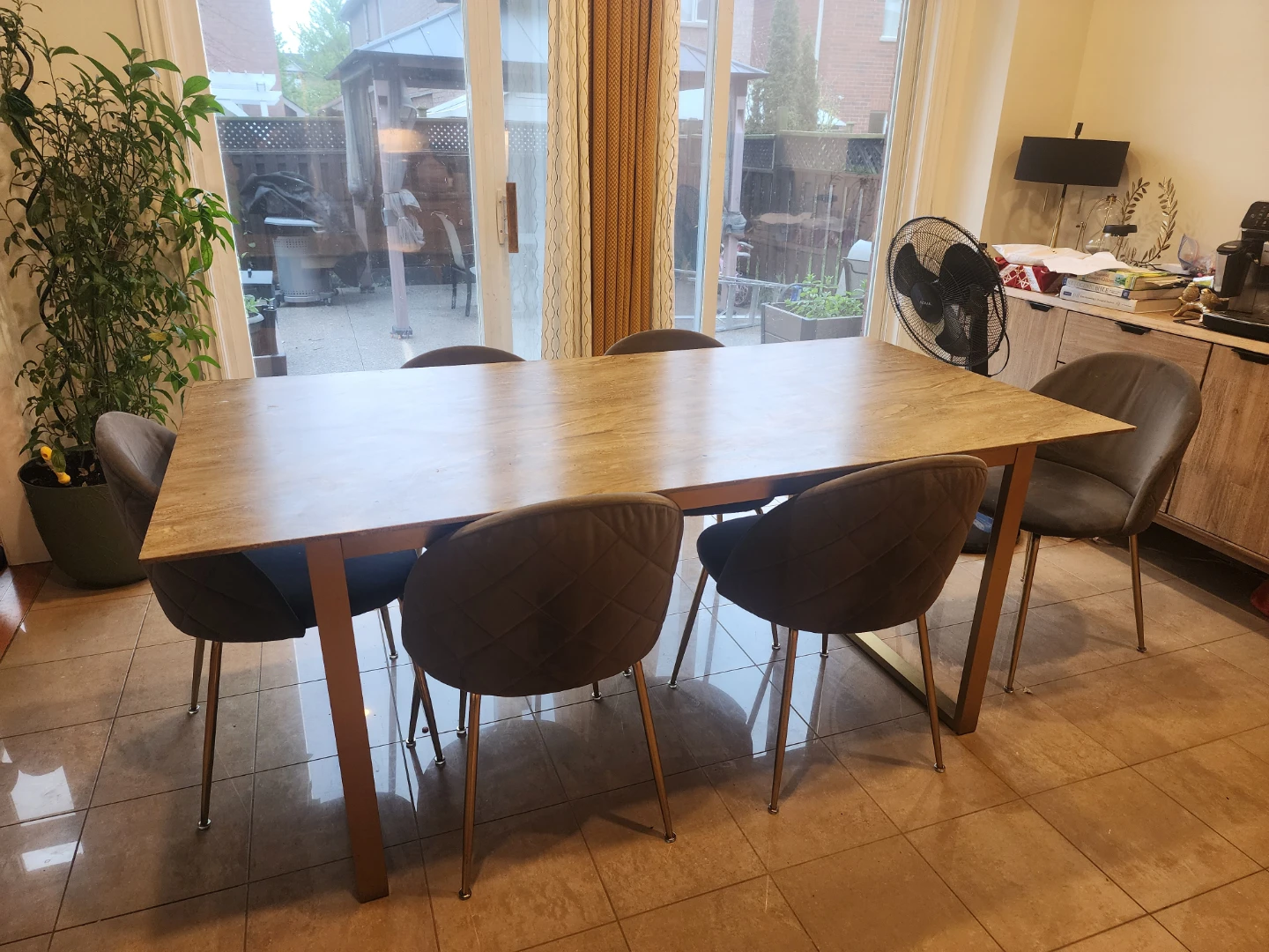Set of 6 Grey Velvet Dining Chairs with Table - photo 5