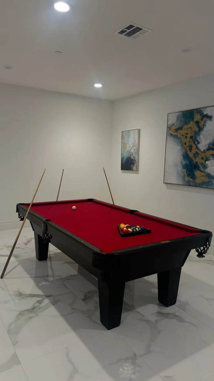 Pool Table with Red Felt and Accessories