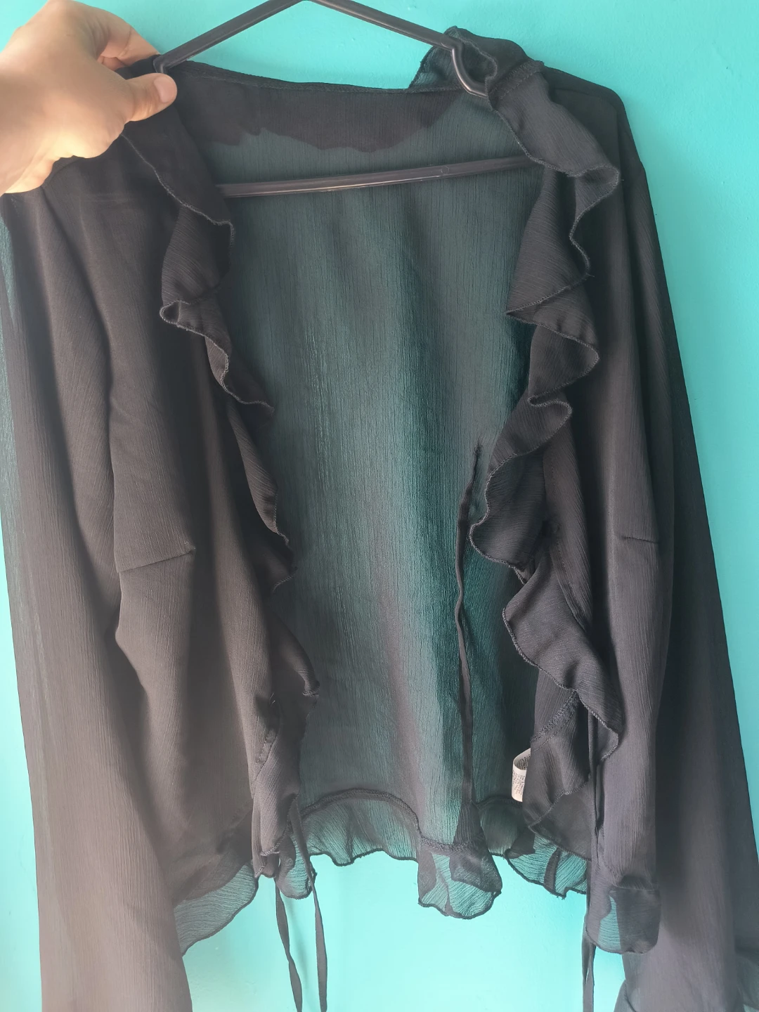 Black sheer ruffle open front cardigan - photo 2