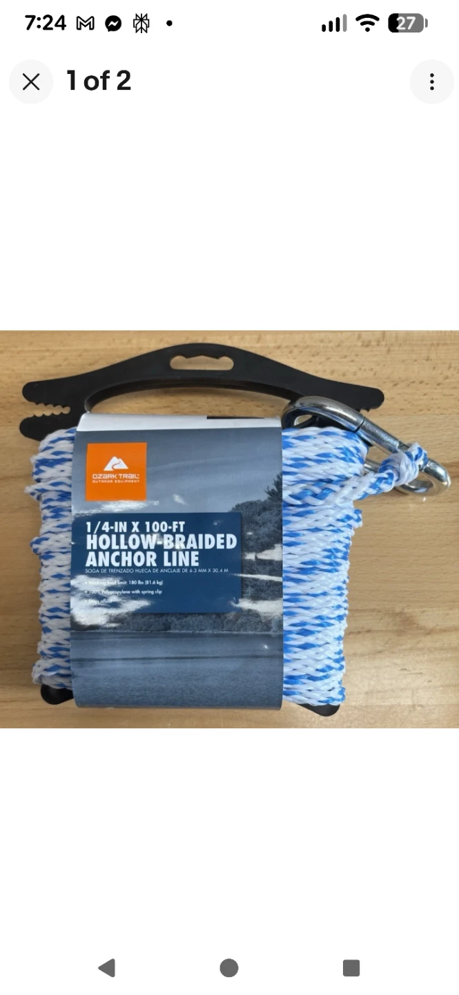 NEW Ozark Trail 1/4-inch x 100-foot Hollow-Braided Anchor Line