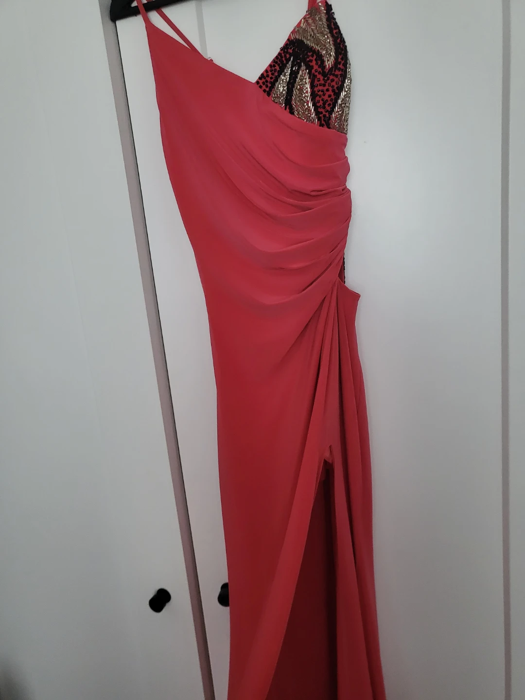Coral One-Shoulder Embellished Gown with High Slit