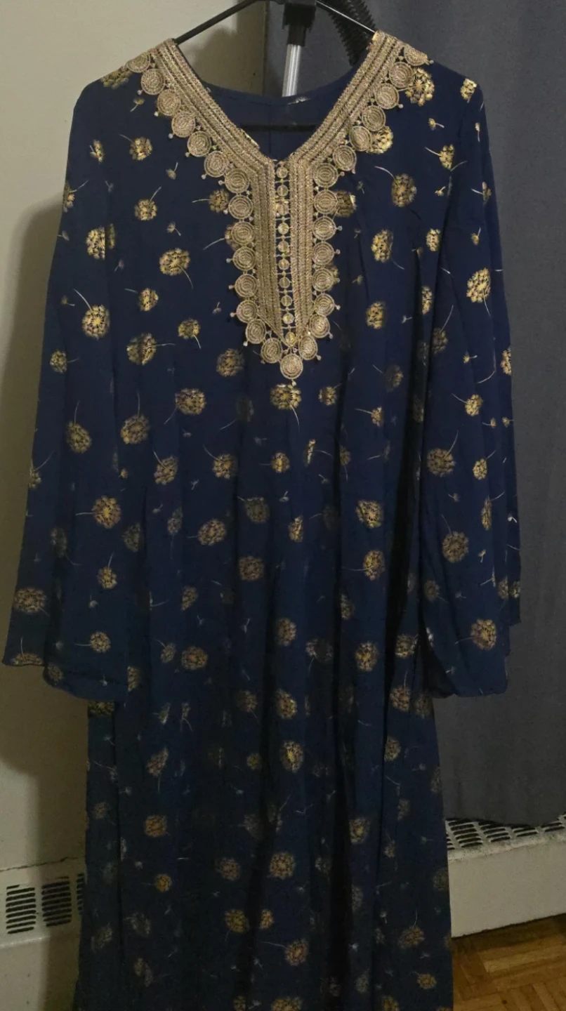 New Navy Blue Dress with Gold Dandelion Print -