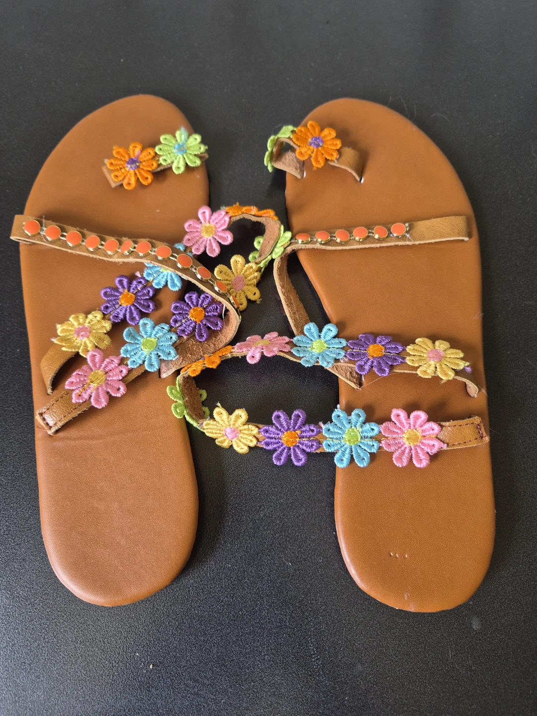 Brown Flower Embellished Sandals