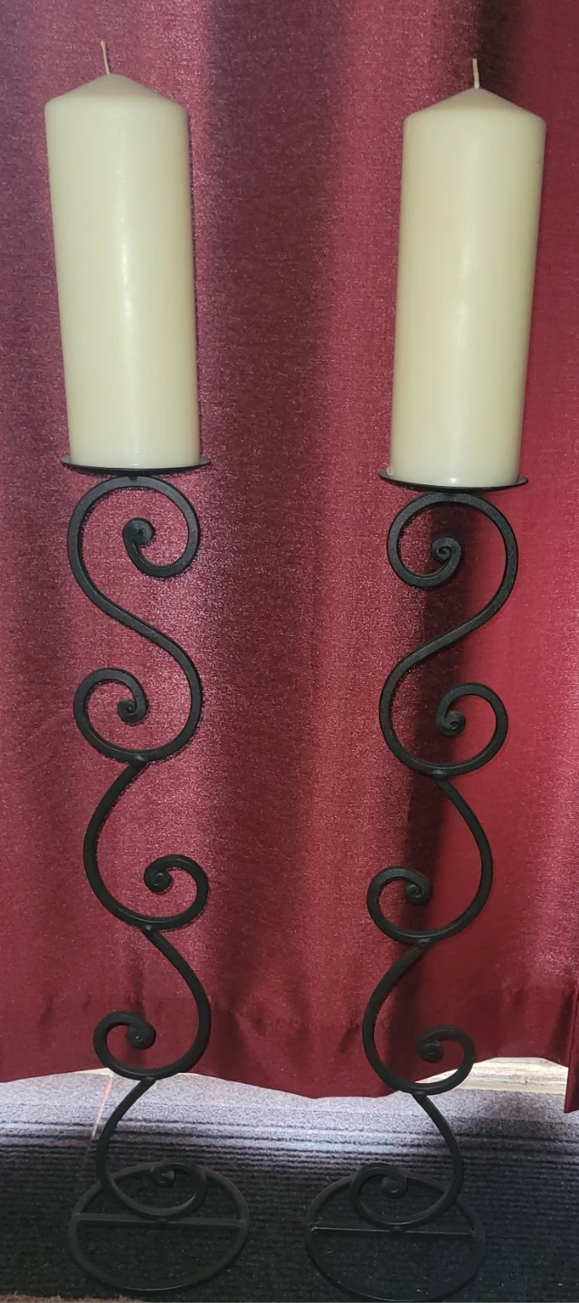 Pair of Black Metal Scroll Pillar Candle Holders