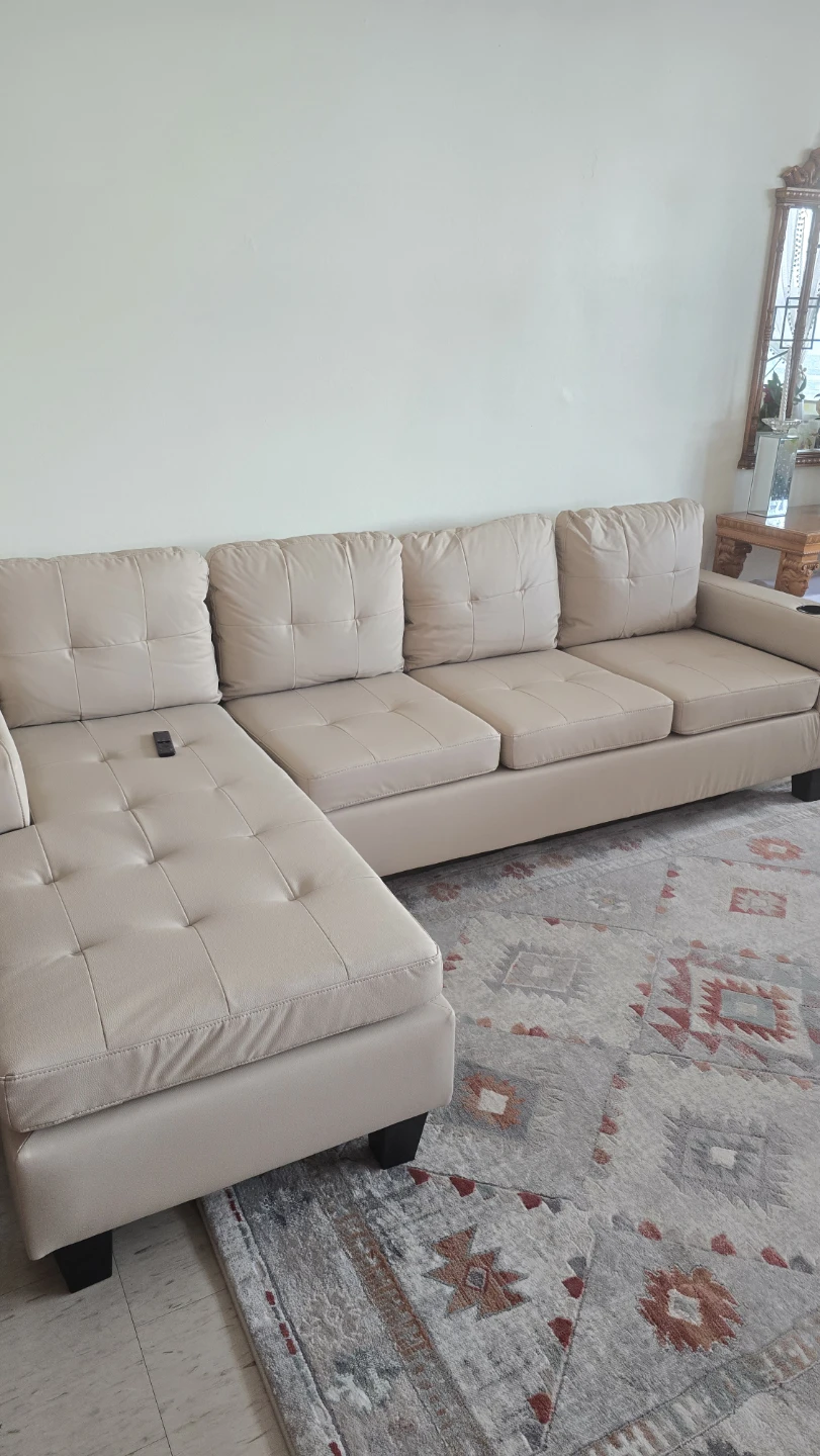 Beige Faux Leather Sectional Sofa with a reversible Chaise - photo 2