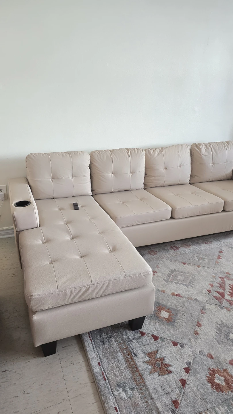 Beige Faux Leather Sectional Sofa with a reversible Chaise - photo 3