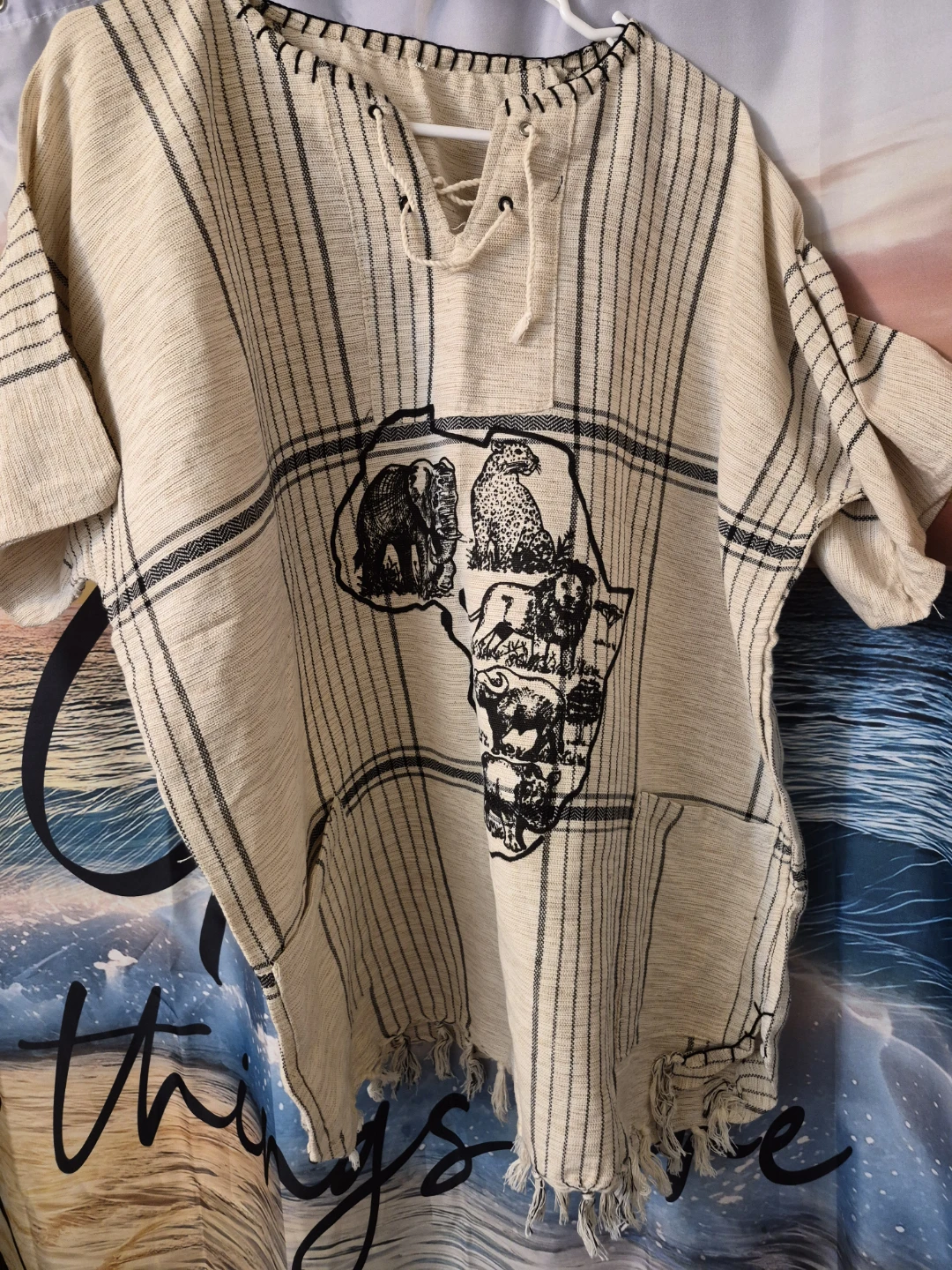 Cream & Black Striped Shirt with African Wildlife Map