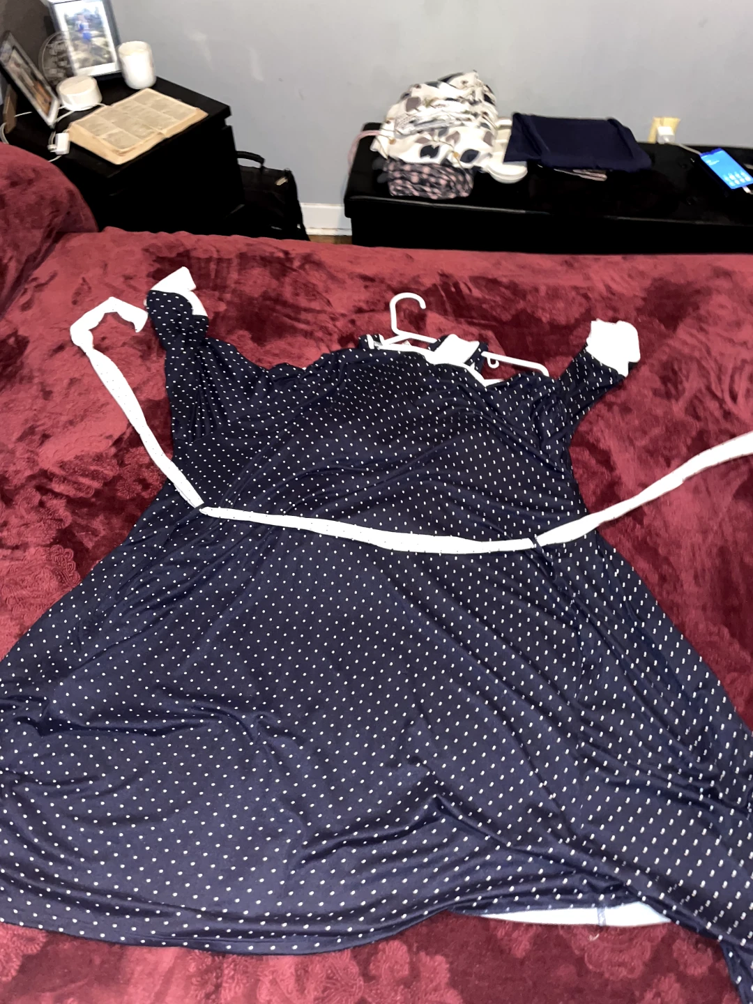 Navy Blue Polka Dot Dress with Belt
