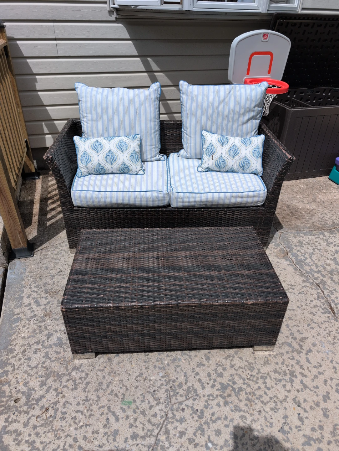 Outdoor Wicker Patio Chair with Blue Cushions