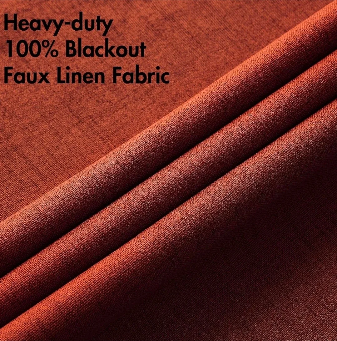 Heavy-duty 100% Blackout Faux Linen Curtains - Orange - photo 4