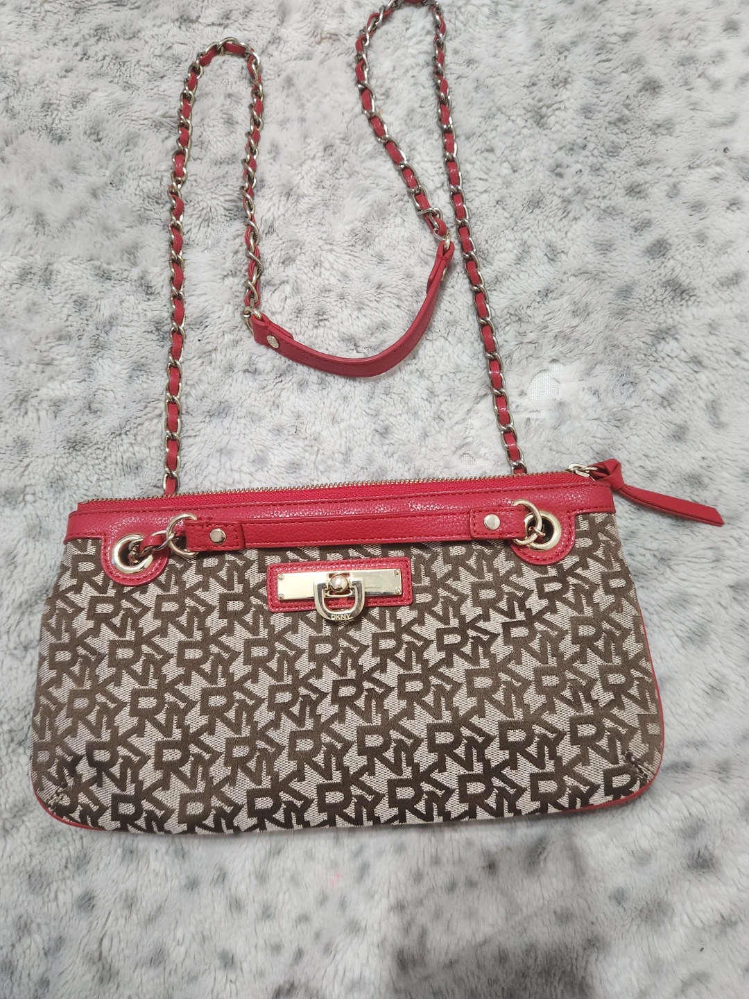 DKNY Monogrammed Crossbody Bag with Red Trim