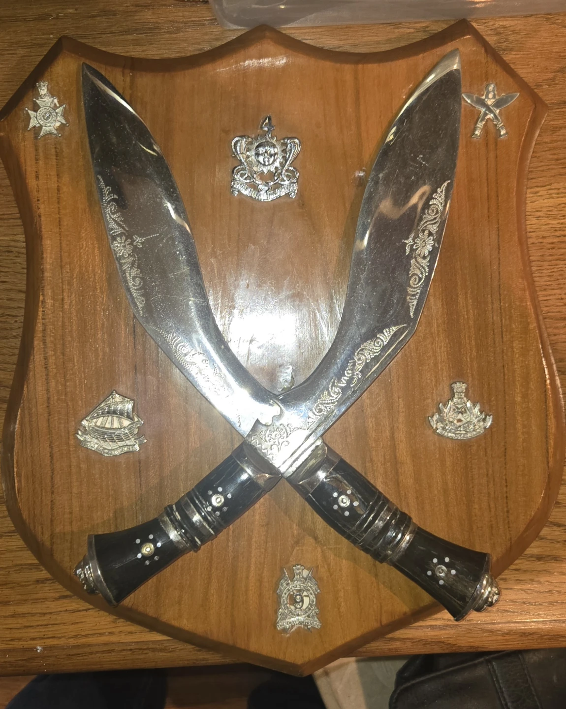 Gurkha Regiment Wooden Shield with 2 Kukris and 7 Gurkha