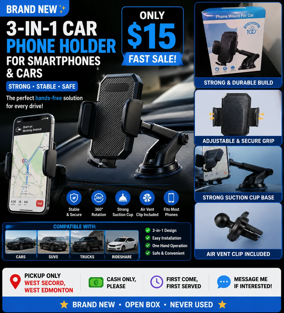 Brand New 3-in-1 Car Phone Holder – $15