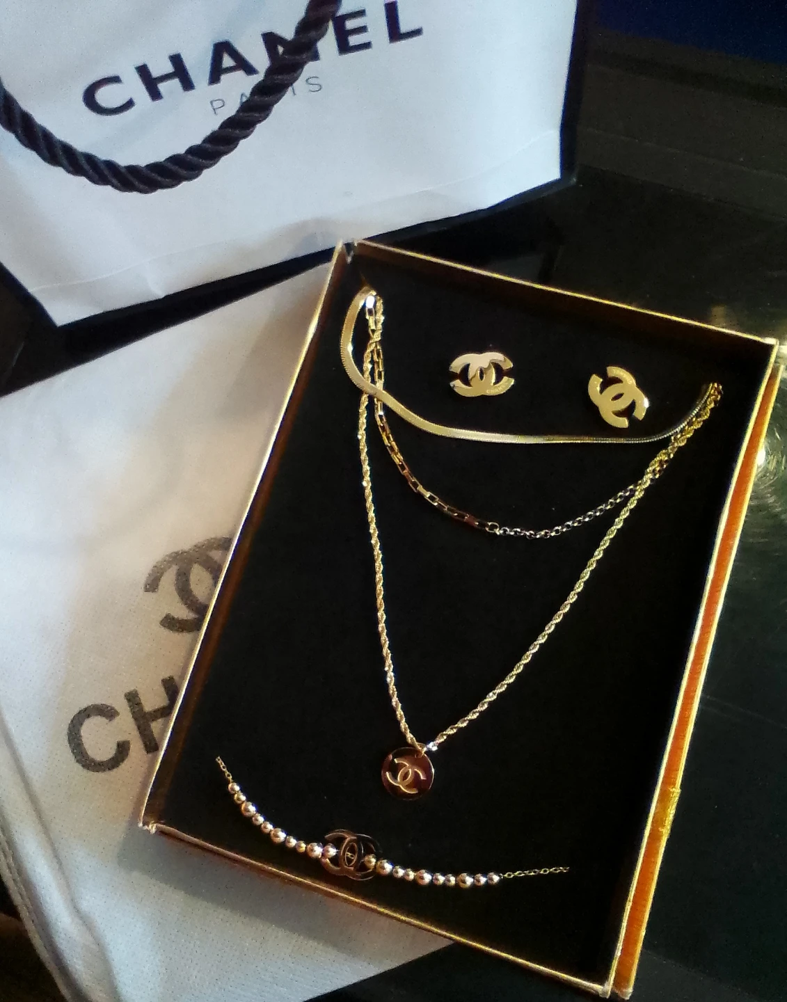 Chanel Jewelry Set Necklace Earrings Bracelet Gold Tone CC Logo