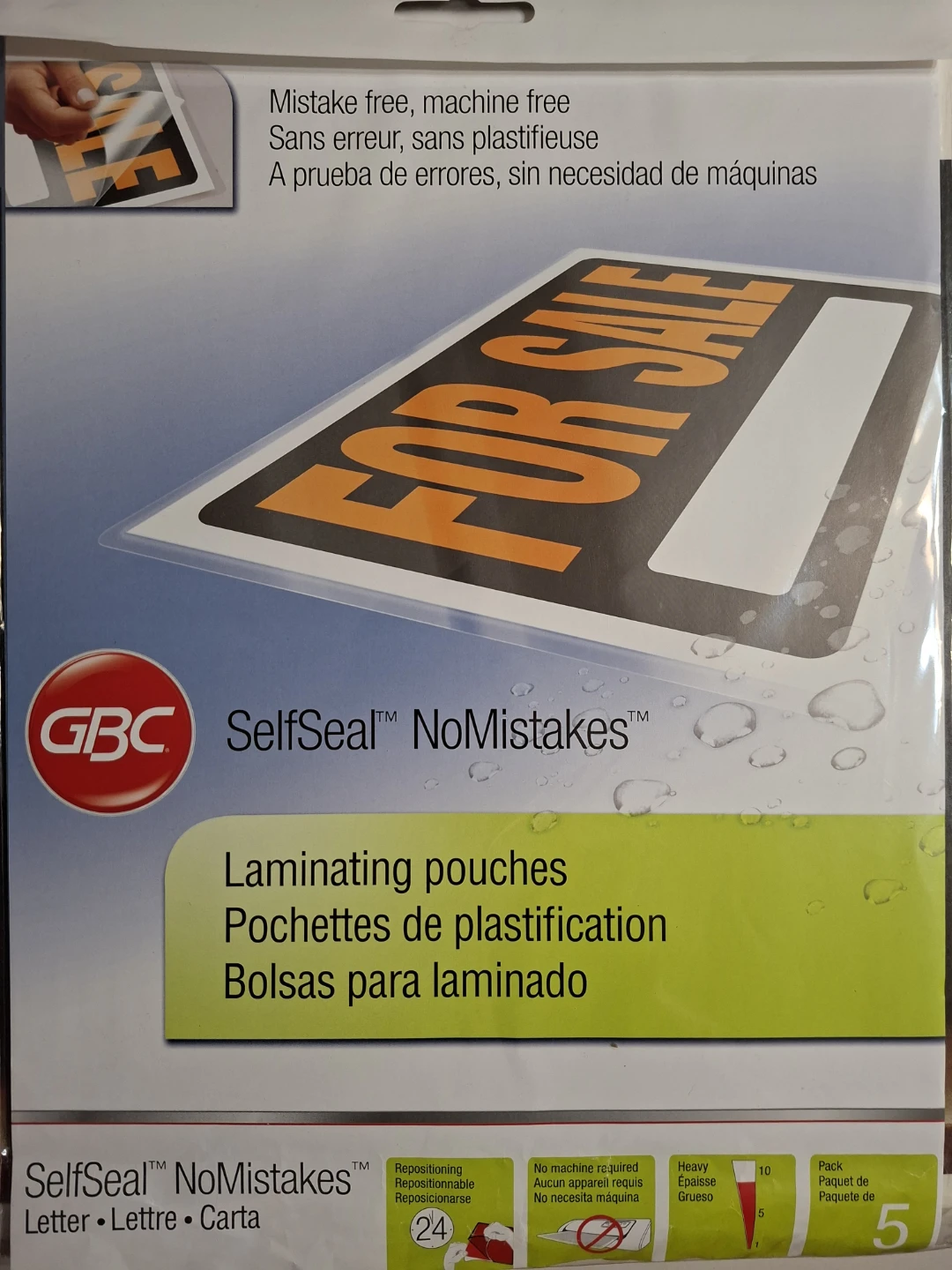GBC SelfSeal NoMistakes Laminating Pouches - 8mil