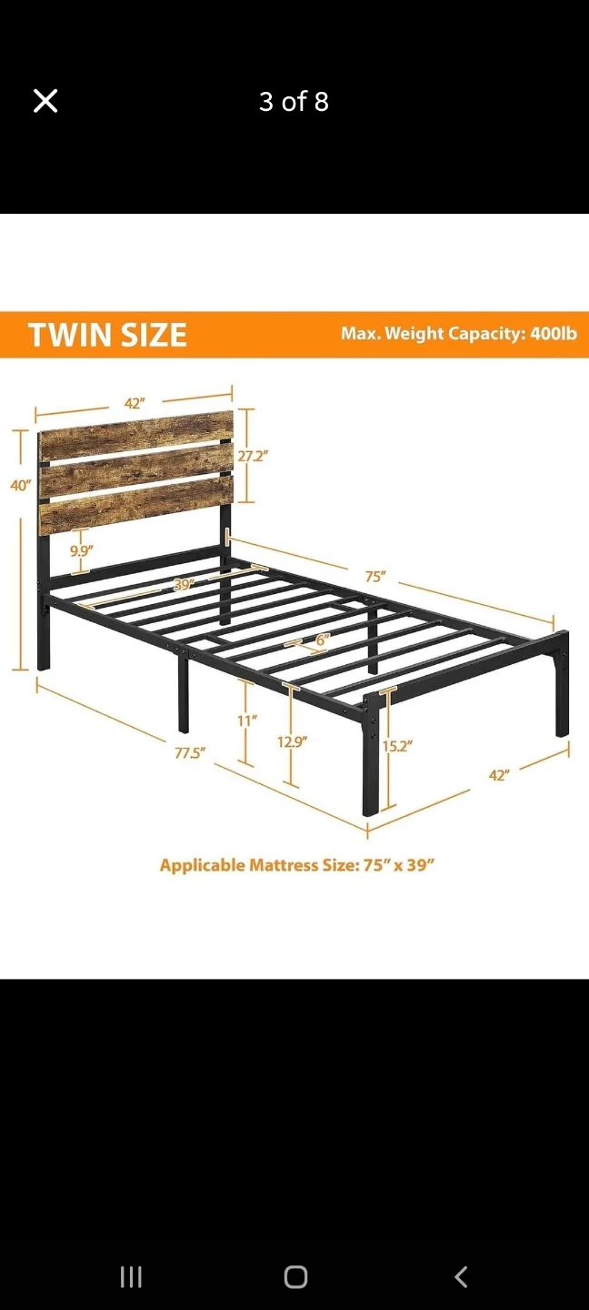 Twin Size Metal Bed Frame Headboard Rustic Wood Finish - photo 2