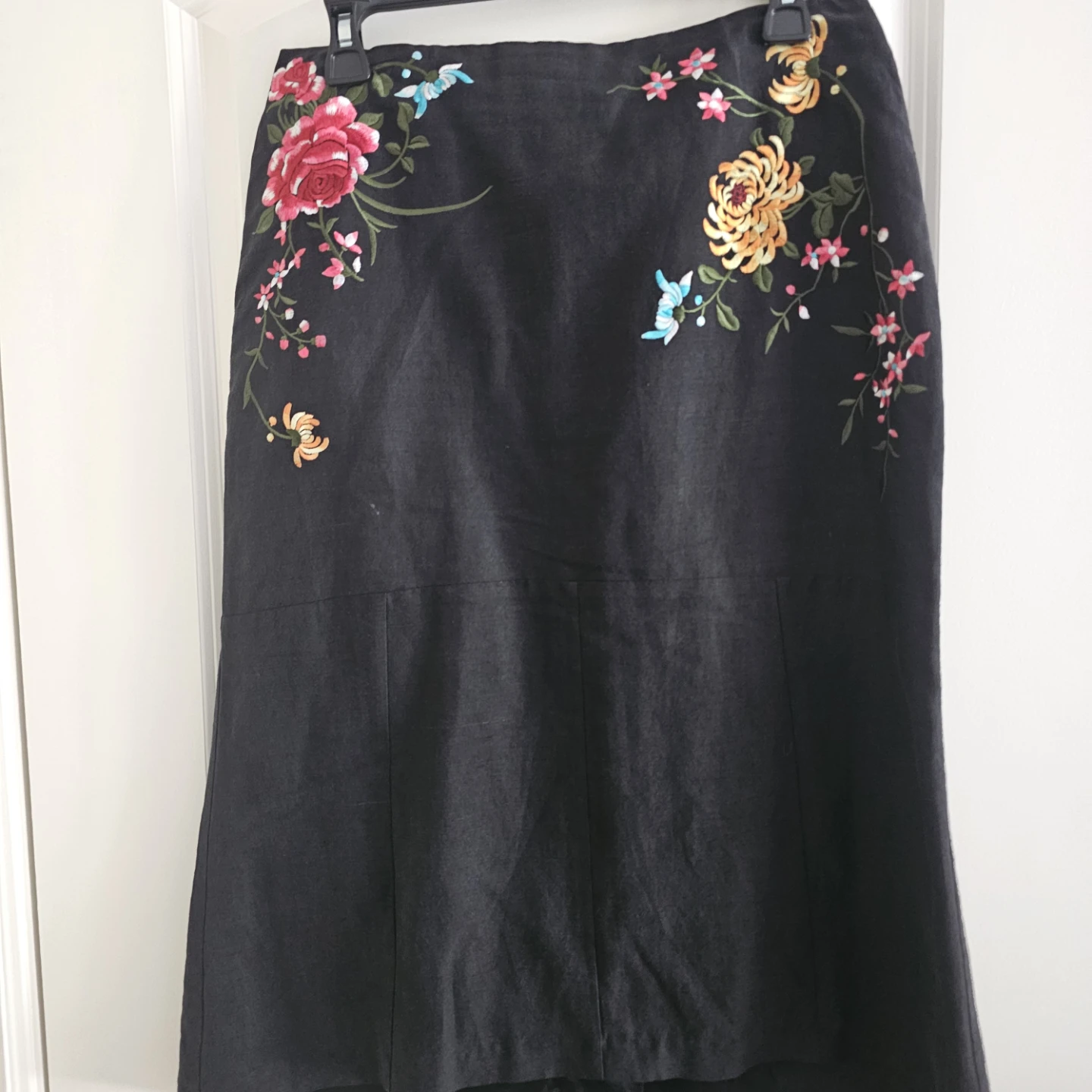 Black embroidered floral midi skirt