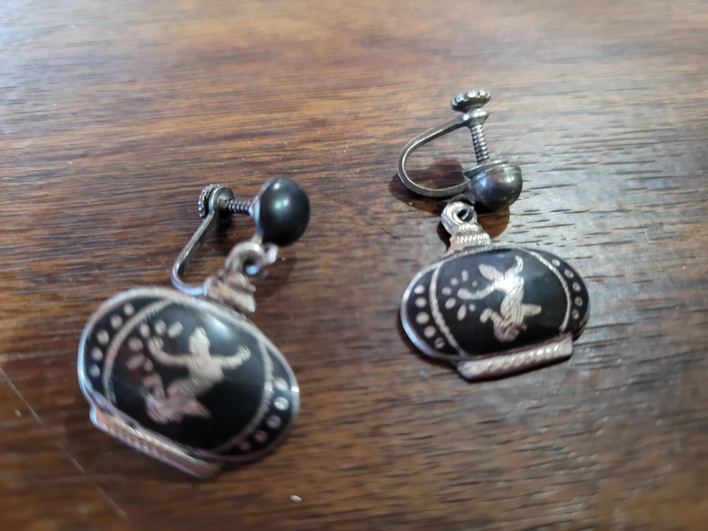 Vintage Screw-Back Earrings - Black with Silver Embellishments