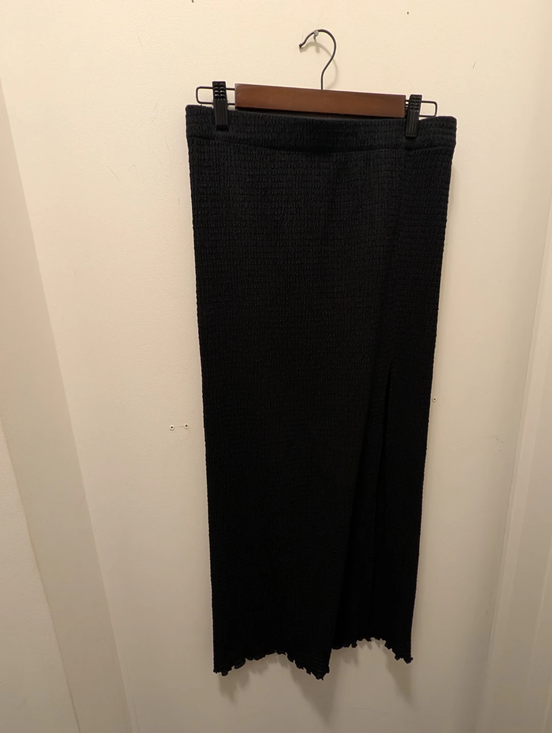 Aritzia - Black Smocked Midi Skirt with Side Slit