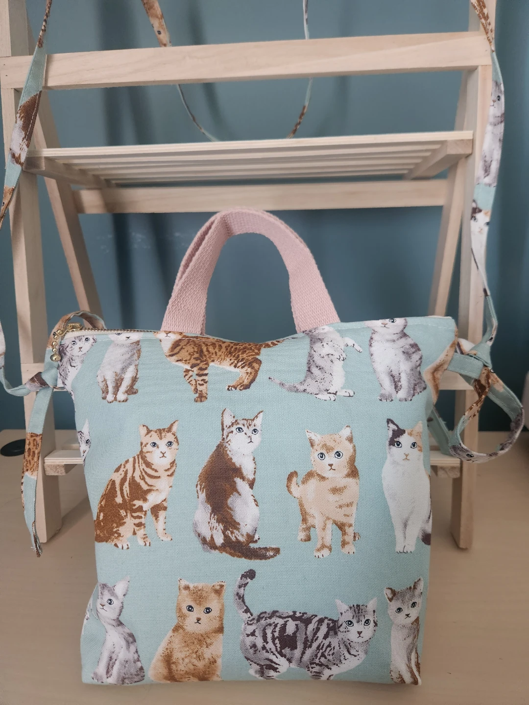 Hand Made Blue Cat Print Tote Bag with Pink Straps - photo 5