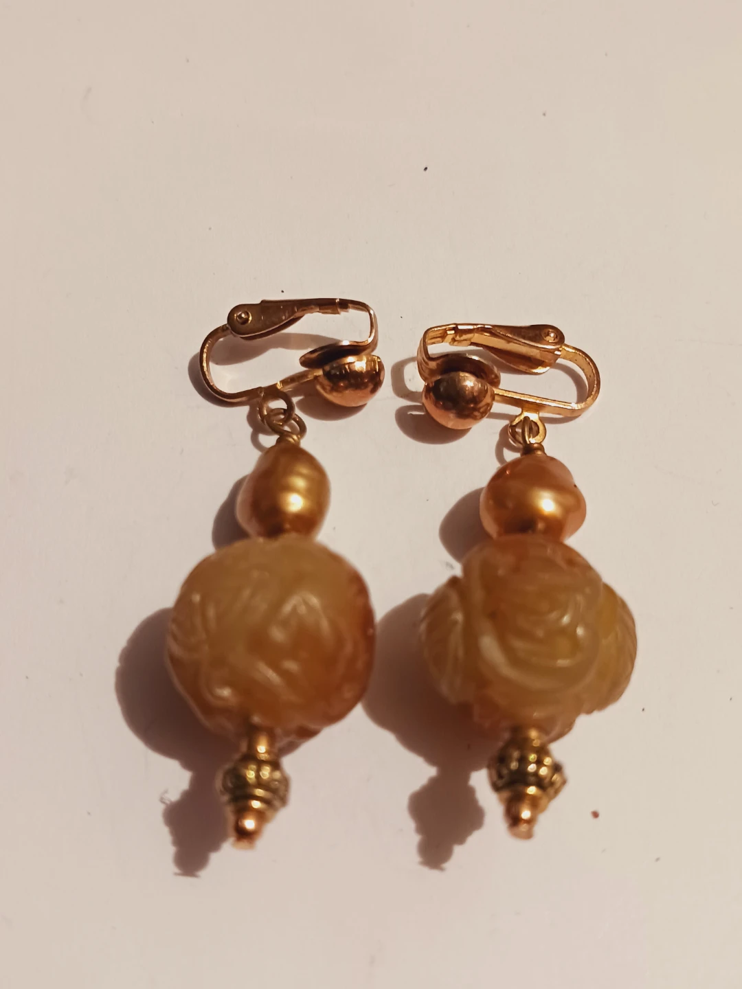 Gold Tone Clip-On Earrings with Carved Beads - photo 2