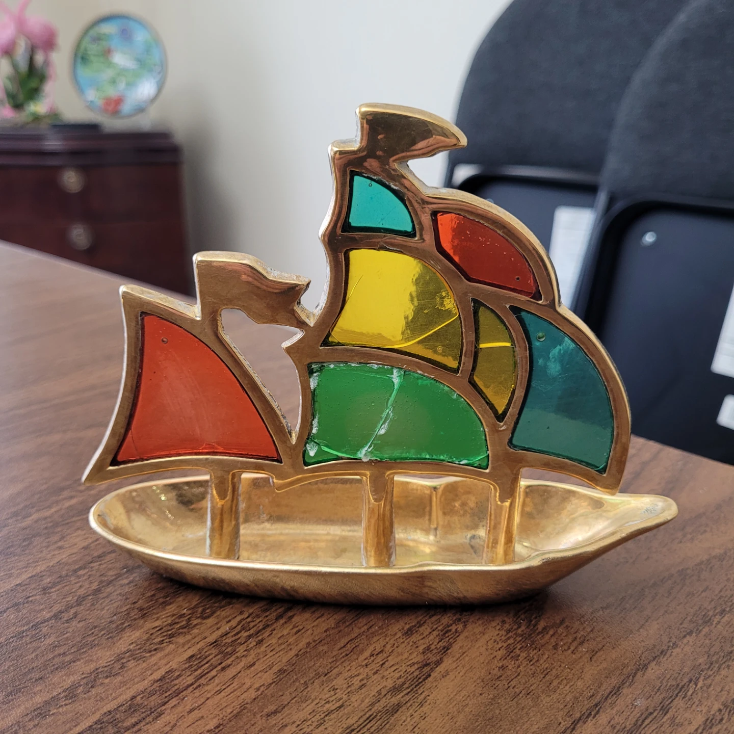 Brass and Stained Glass Sailboat Trinket Dish