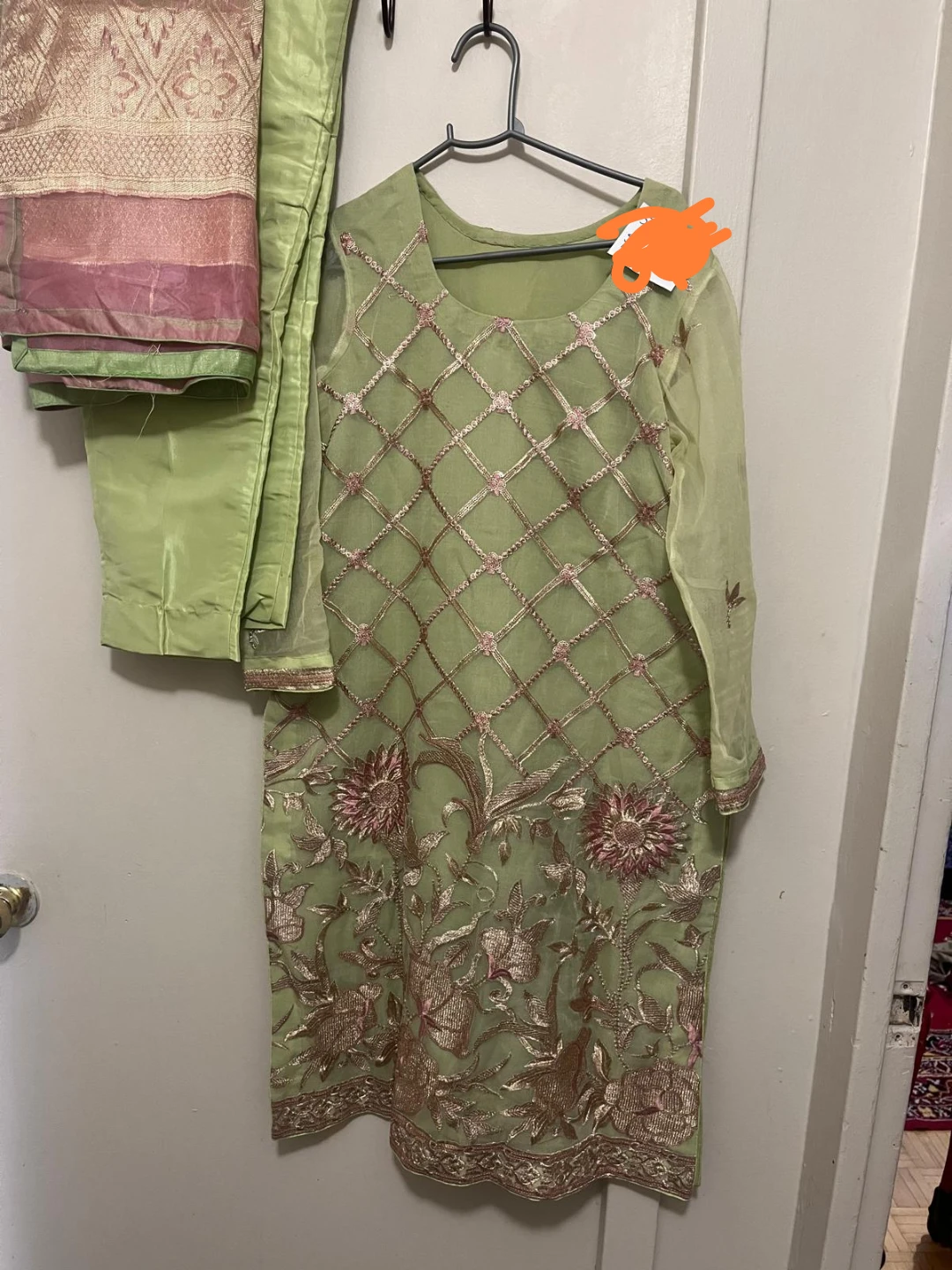 Embroidered Green Kurti with Pants and Dupatta