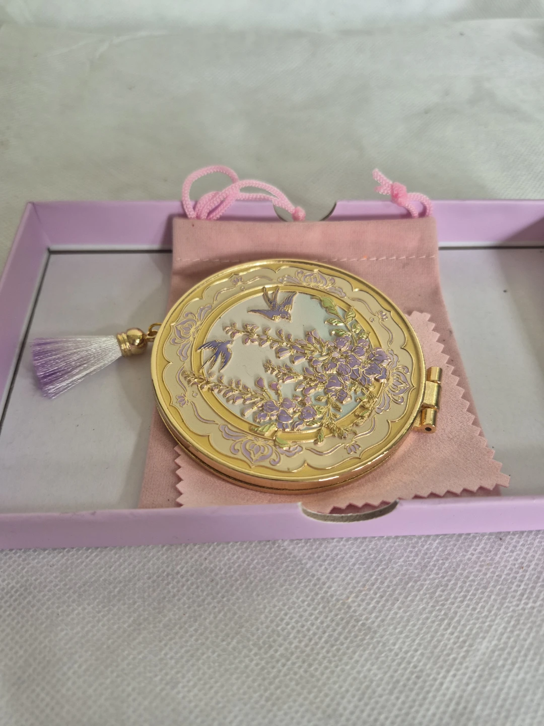 Gold Compact Mirror with Tassel and Bird Design