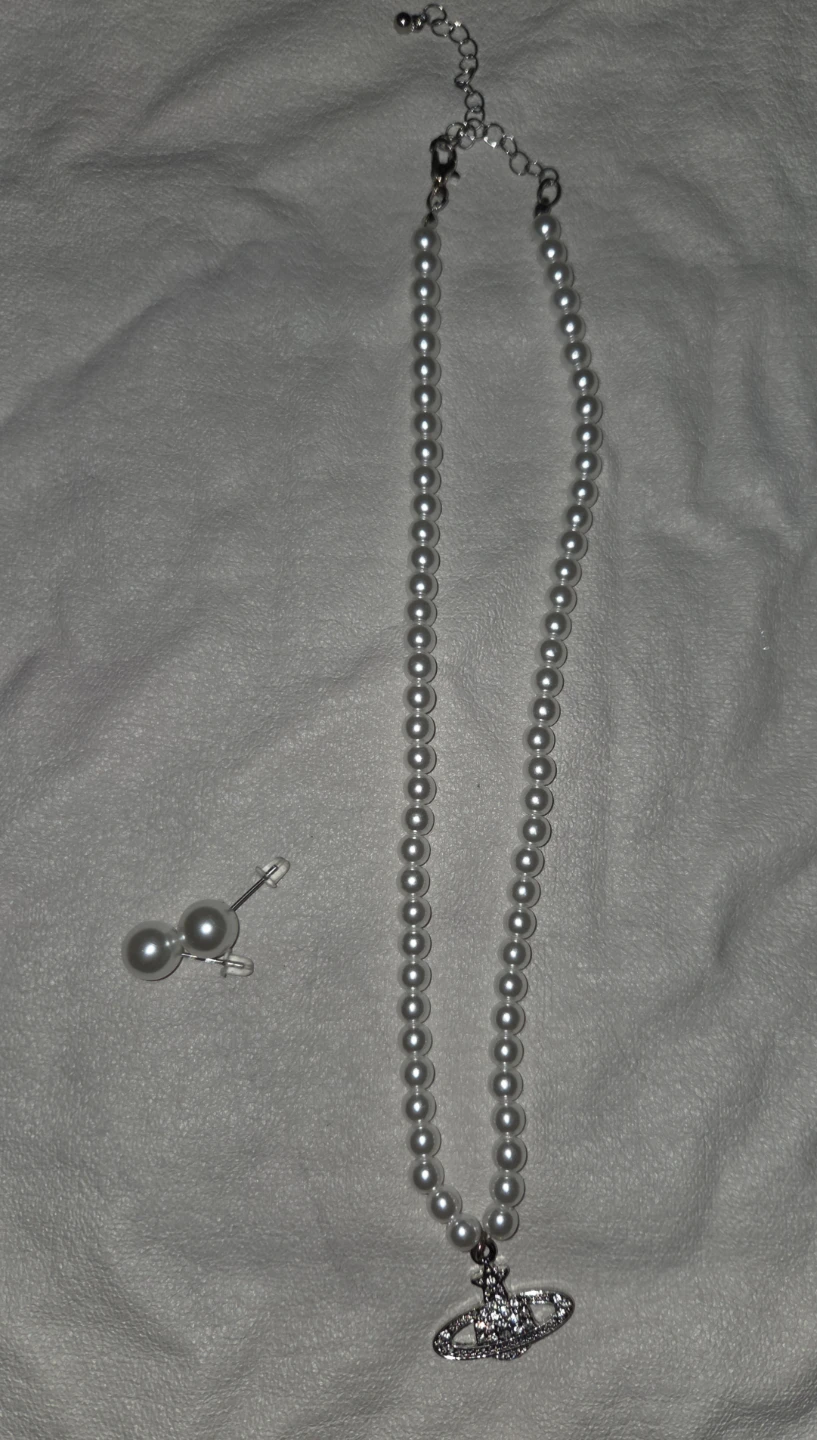 Pearl Necklace with Saturn Pendant and Earrings Set - photo 2