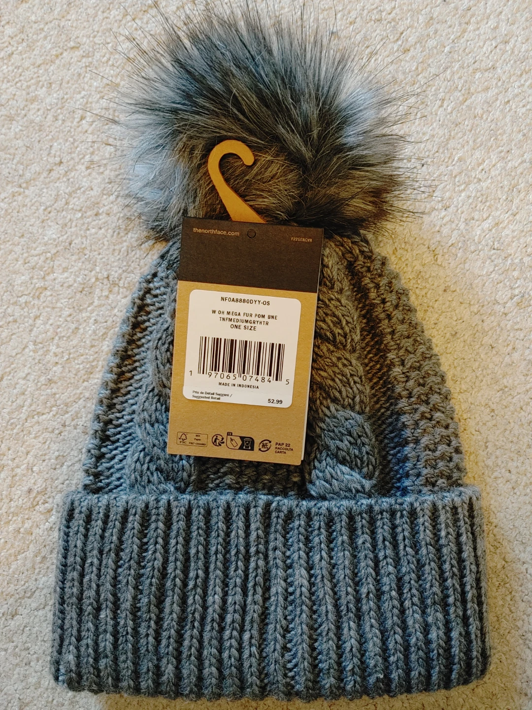 The North Face Oh Mega Fur Pom Beanie - Grey - One Size