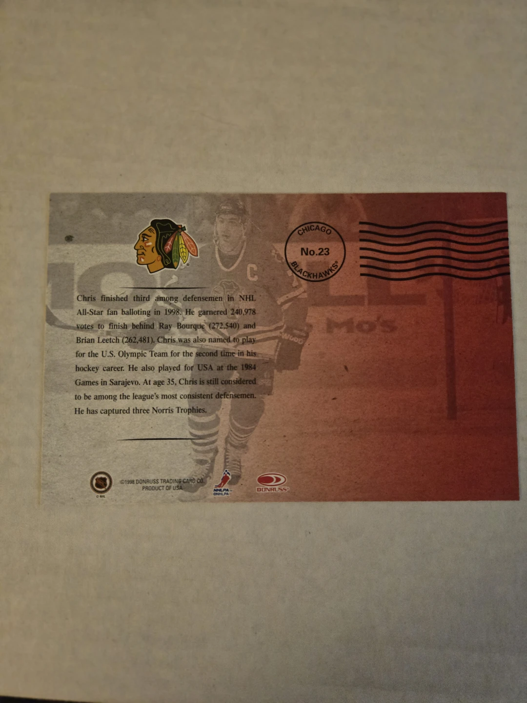 1998 Chicago Blackhawks Chris Chelios Hockey Card - photo 2