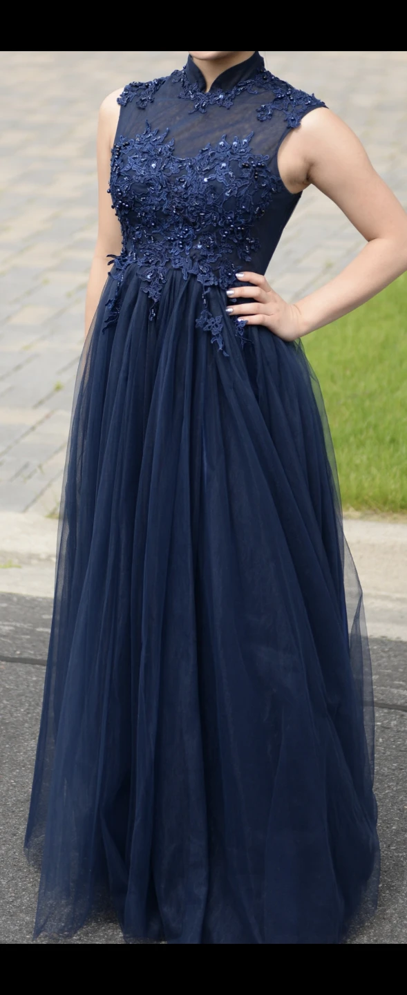 Prom Dress - Navy Blue Lace and Tulle Formal Gown