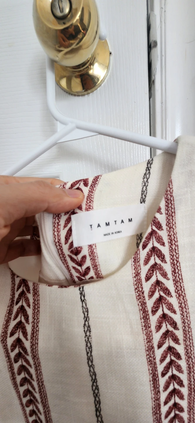 TAM TAM Cream & Burgundy Striped Embroidered Mini Dress
