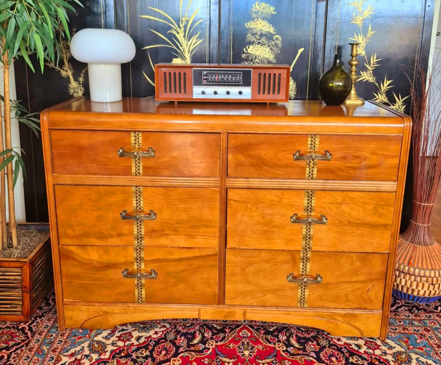 Art Deco Cinnamon Walnut 6 Drawer Dresser With Inlay Accents