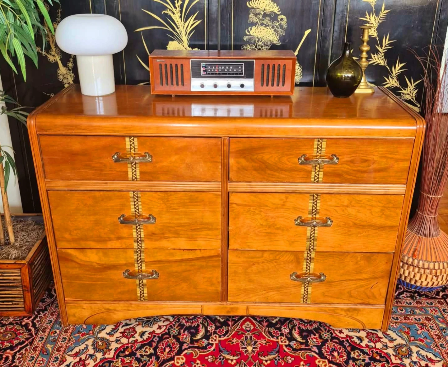 Art Deco Cinnamon Walnut 6 Drawer Dresser With Inlay Accents - photo 4