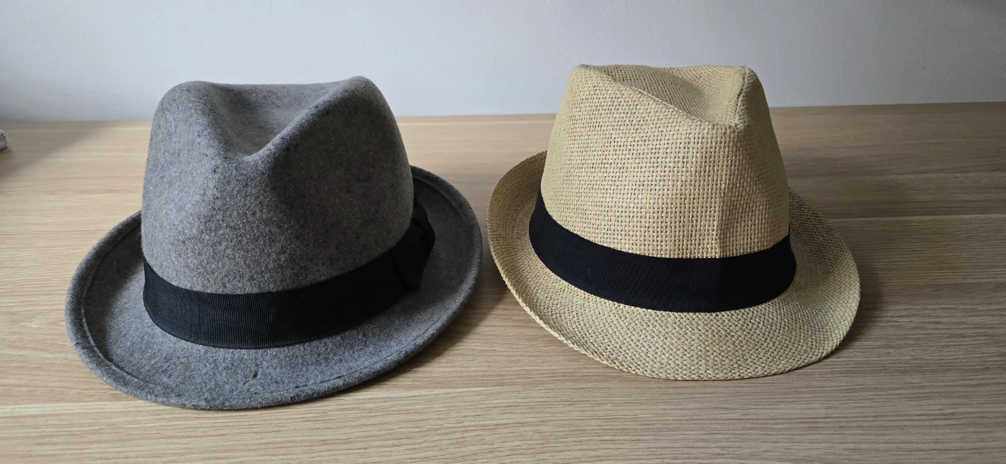 Two Fedora Hats - Grey Wool and Straw