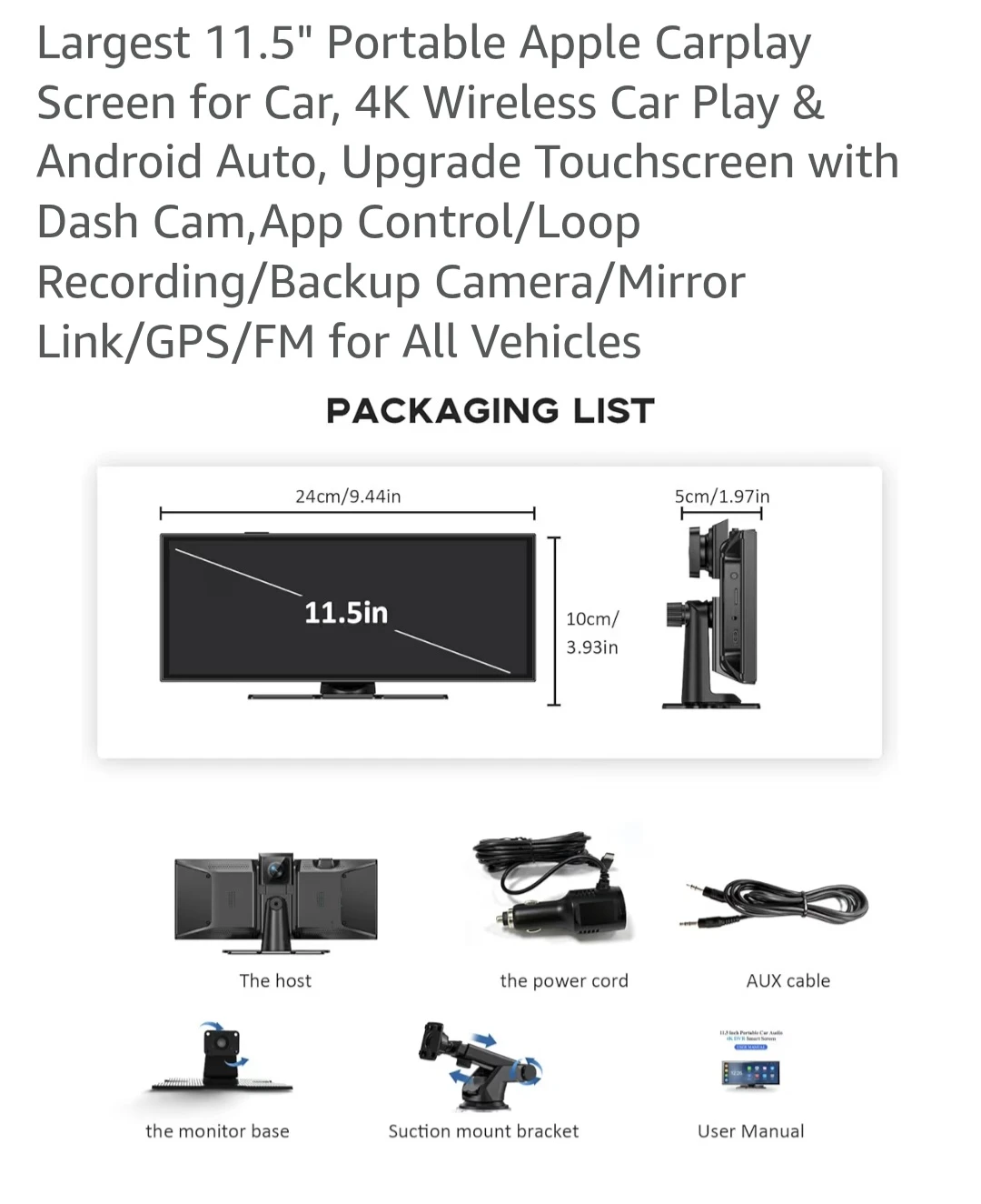 11.5" Portable Wireless CarPlay Android Auto Screen