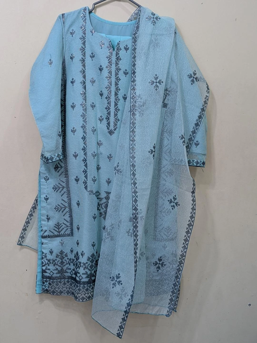 Light Blue Embroidered 3-Piece Suit with Dupatta $55
