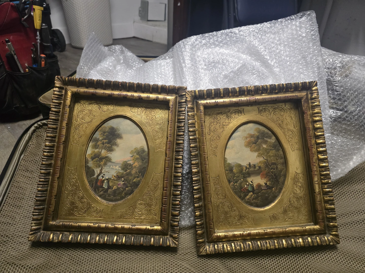Set of 2 Vintage Oval Landscape Paintings in Ornate Gold Frames