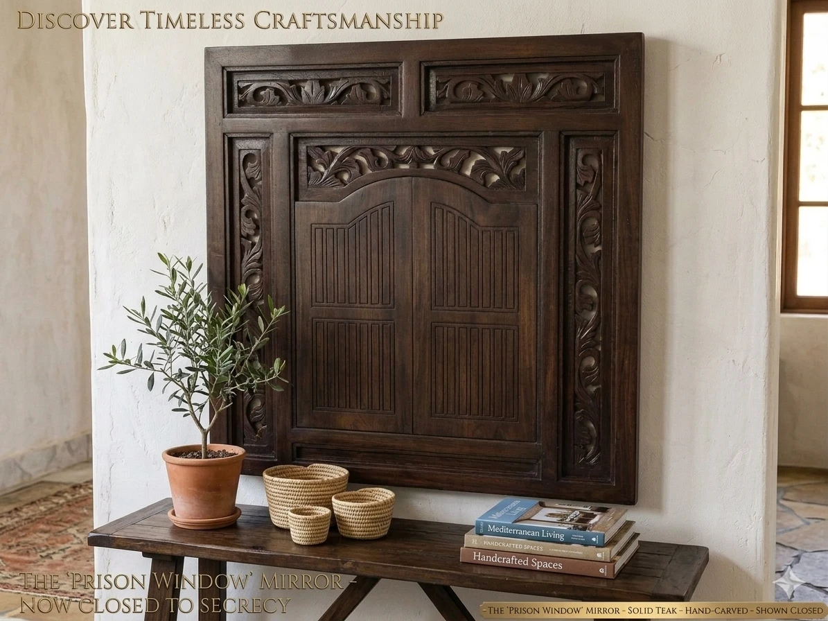 Mid-Century Solid Teak Hand-Carved Window Mirror - photo 2